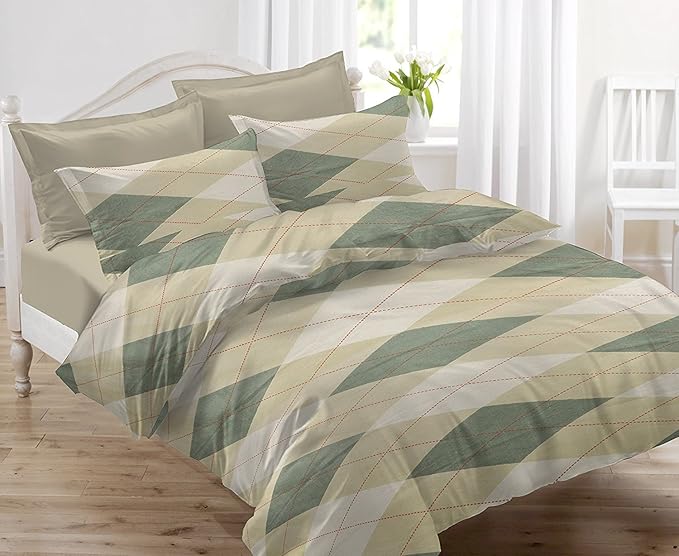 Huesland by Ahmedabad Cotton 144 TC Cotton King Size Bedsheet with 2 Pillow Covers - Beige & Green