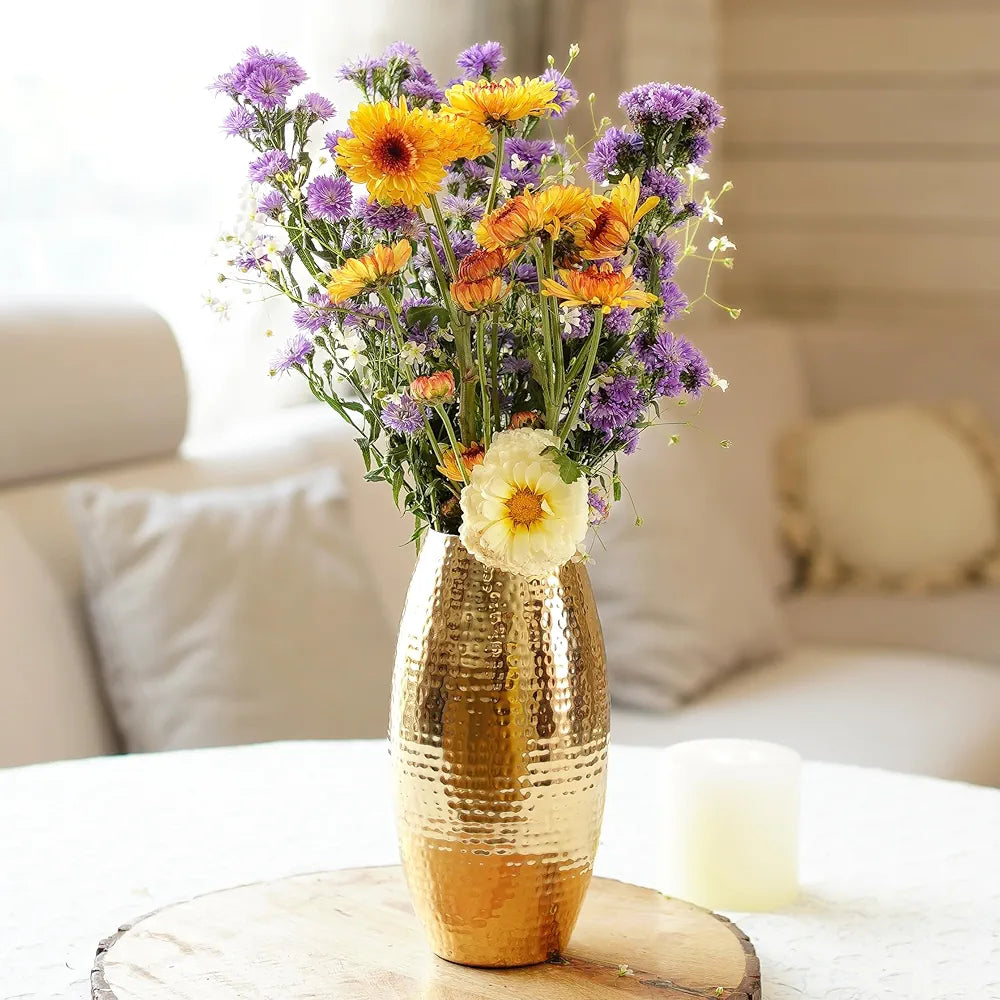 Behoma Metal Golden Full Hammered Oblong Shape 1 Large Pcs Flowers not Included