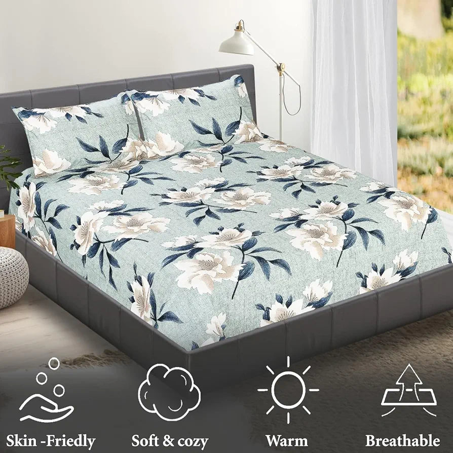 Fresh From Loom Microfiber Bedsheet For Double Size Bed Floral Design Bed Spread With 2 Pillow Covers 144 TC Sea green