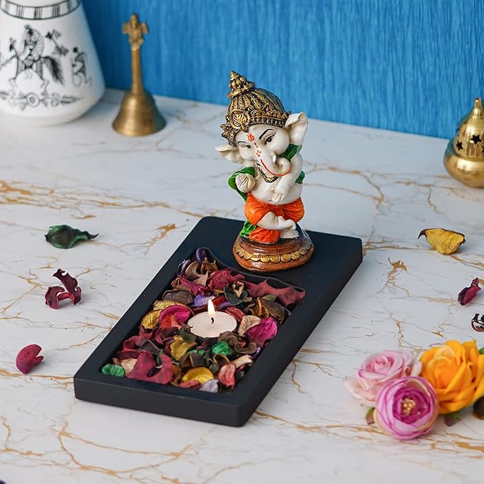 Ecraftindia Polyresin Baal Ganesh Dancing Showpiece With Rectangle Wooden Base Plate | Fragranced Petals & Tealight