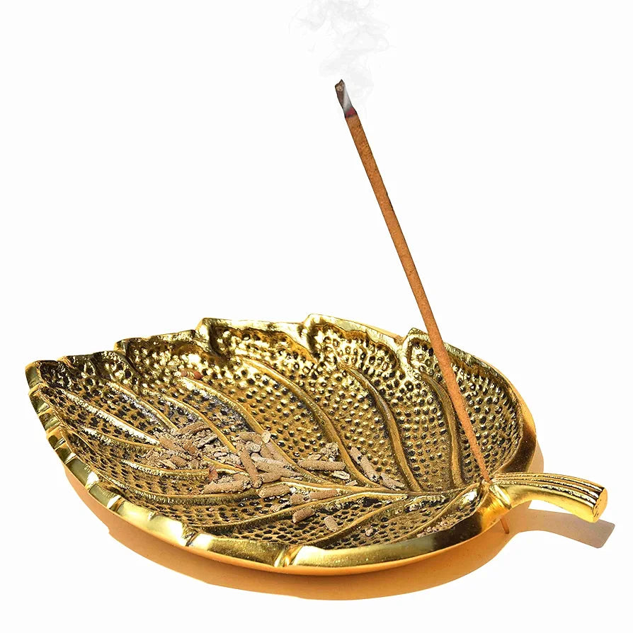 Pure Source India Leaf Design Aluminium Agarbatti Stand Incense Holder Ashcacher Gold Antique