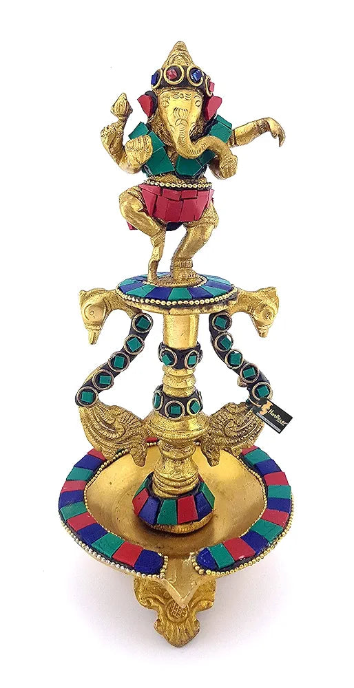 Two Moustaches 8 Inches Dancing Ganesha Gemstone Work Brass Oil Diya