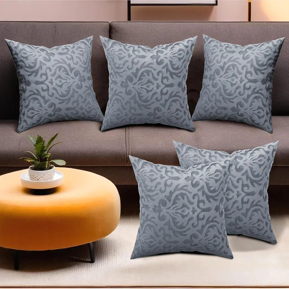 Kuber Industries Set of 5 Washable & Removable Velvet Sofa Pillow Covers with Zip Floral Design Grey