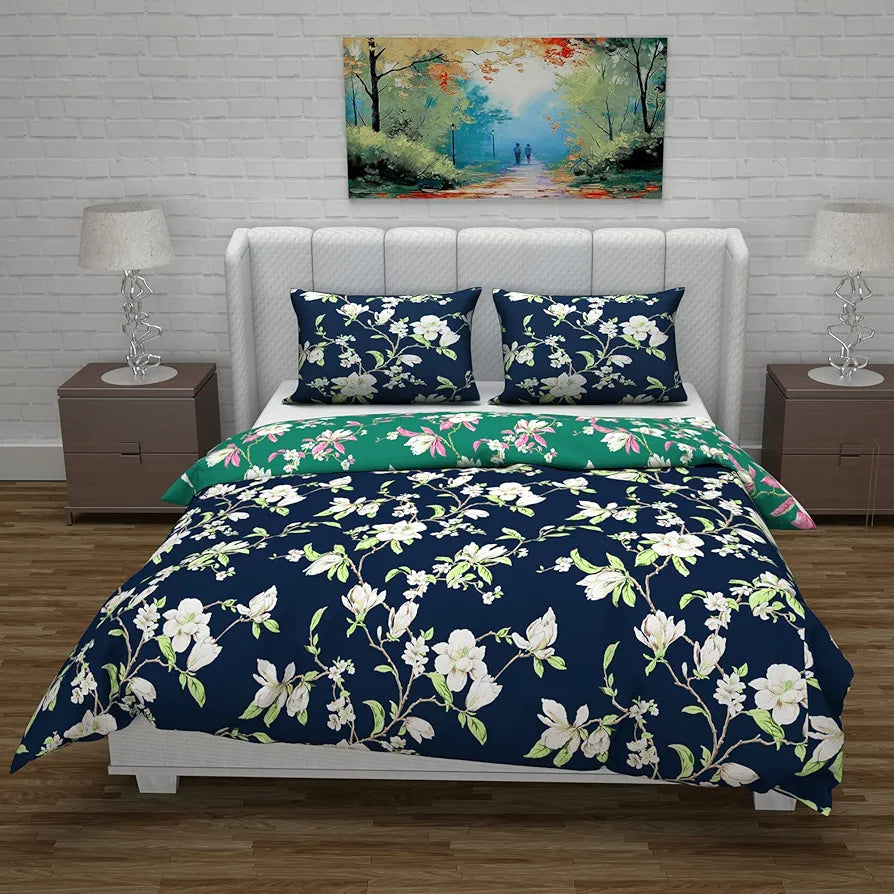 Divine Casa Micro Polyester Reversible Double Bed Queen Size Floral Printed Duvet Cover Colour Green & Navy Blue