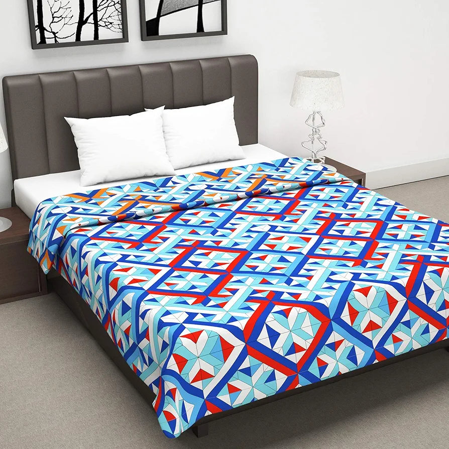Divine Casa 120 GSM Microfiber Double Dohar Soft & Lightweight Throw Blanket Tessellate Pattern Colour Blue-Red & Orange