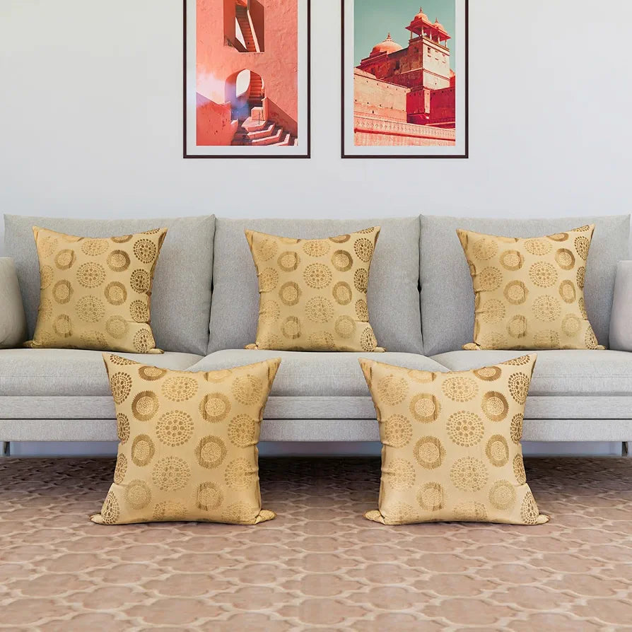 Kuber Industries Cushion Cover Pillow Covers Banarasi Gola Cushion Covers Set of 5 Golden
