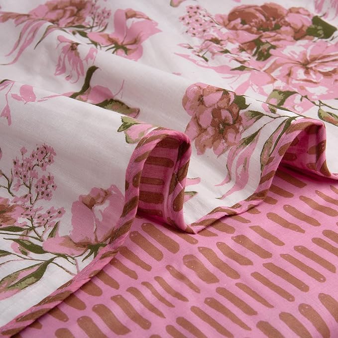 Huesland 100% Cotton Reversible Dohar Single Bed Cotton | Soft Cambric Weave, All Weather Light Ac Blanket | White, Pink & Green