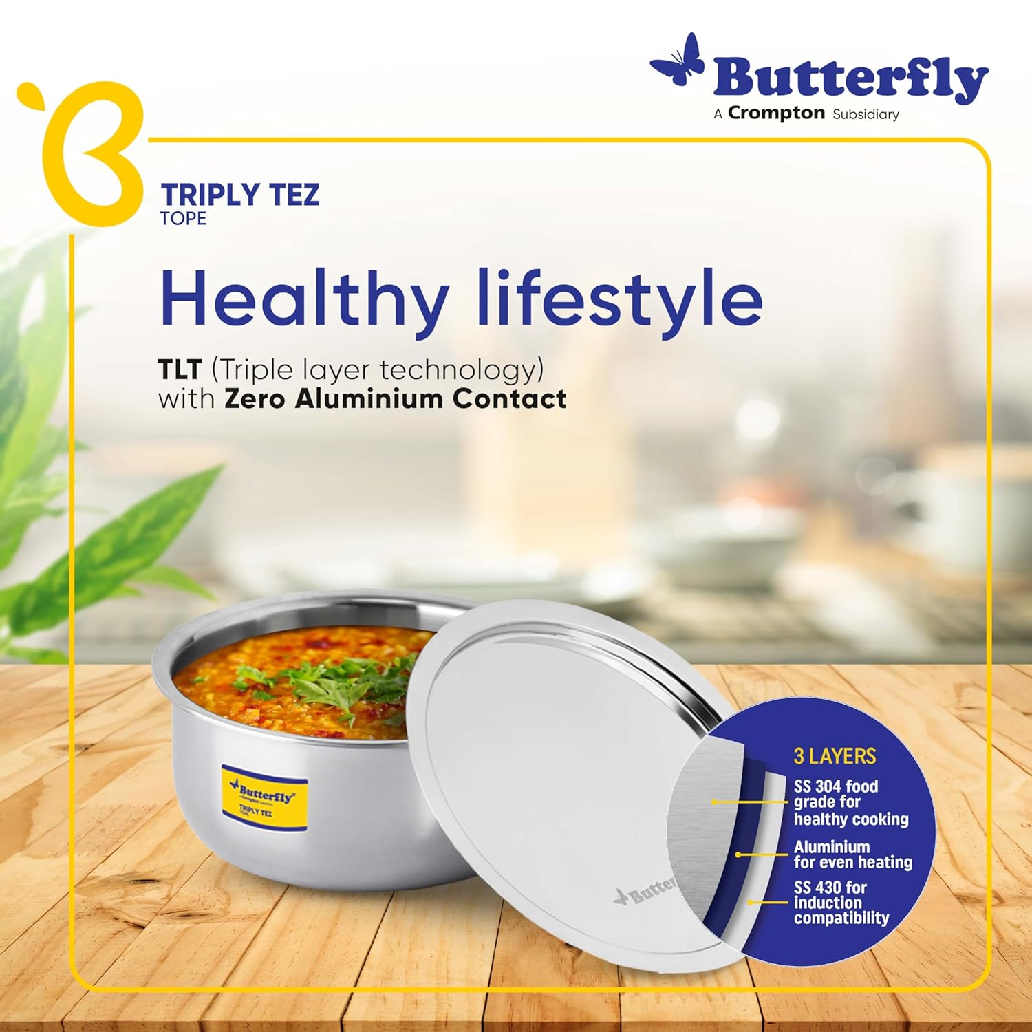 Butterfly Tez Triply Tope With Lid - 2.8 Litre| 20 Cm | Induction & Gas Stove Compatible
