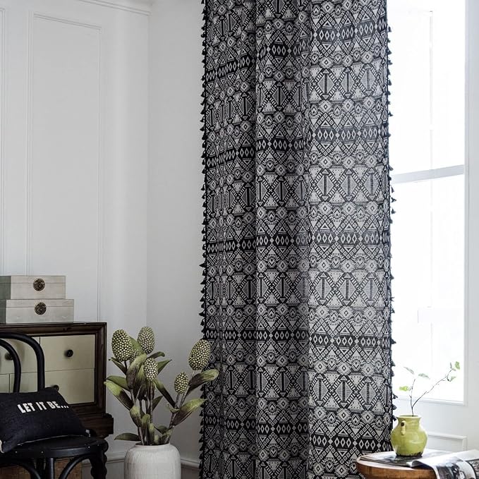 Huesland Cotton Curtains for Door, 7 Feet Long 1 Bohemian Eyelet Curtain | Geometric Black