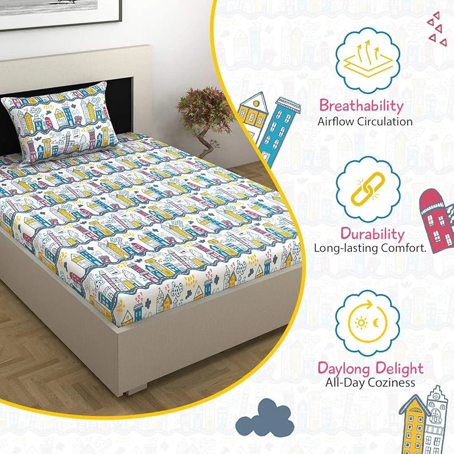 Divine Casa 144 TC 100% Cotton Single Bedsheet with 1 Pillow Cover Abstract PatternColour Heaven White