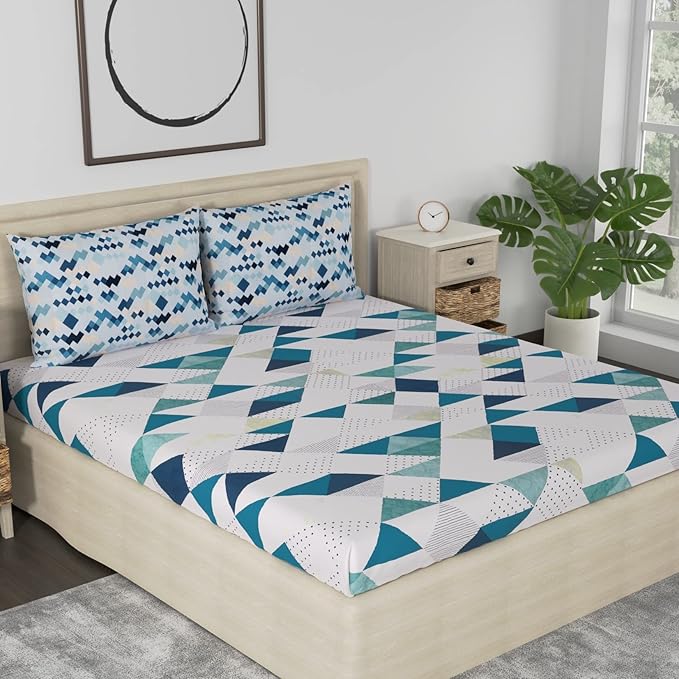 Huesland by Ahmedabad Cotton 186 TC King Size Bedsheet Cotton with 2 Pillow Covers | White, Blue & Beige