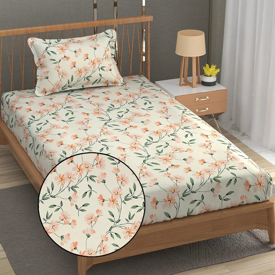Fresh From Loom Single Bed Microfiber Floral Print Bedsheet 240 TC 1 Pillow Covers Barely-Peach