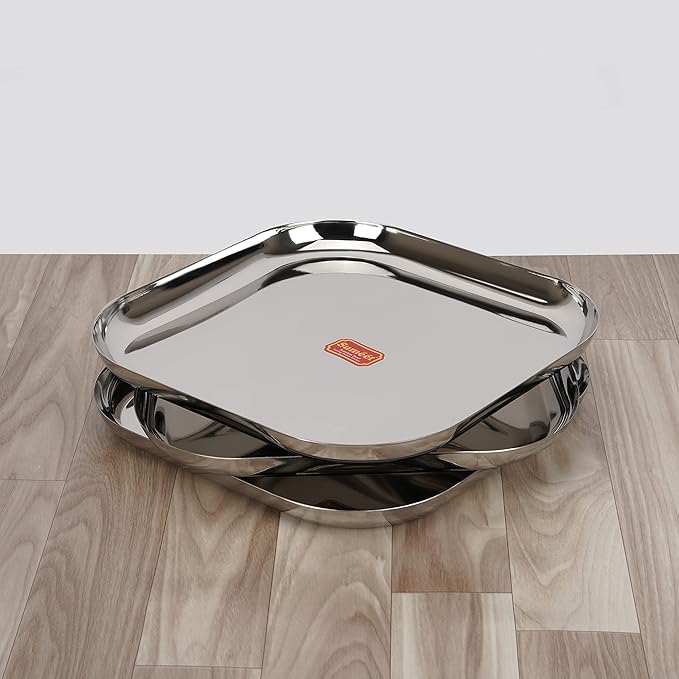 Sumeet Stainless Steel Big Square Shape Plate Set of 3pcs 28cm Silver