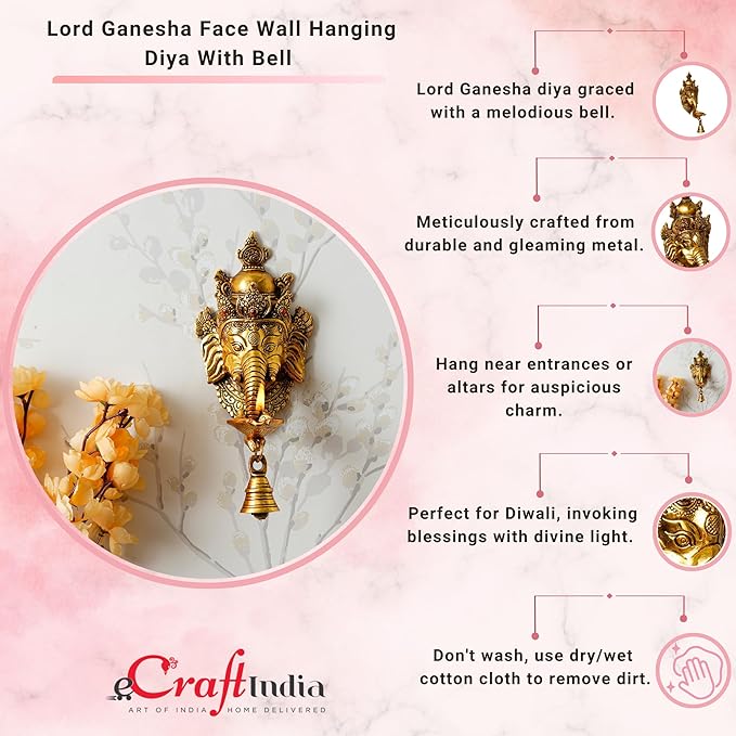 Ecraftindia Golden Metal Lord Ganesha Wall Hanging Diwali Diya With Bell