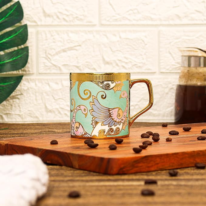 Femora Bone China Gold Tea Cup | Dancing Peahens | 180 Ml