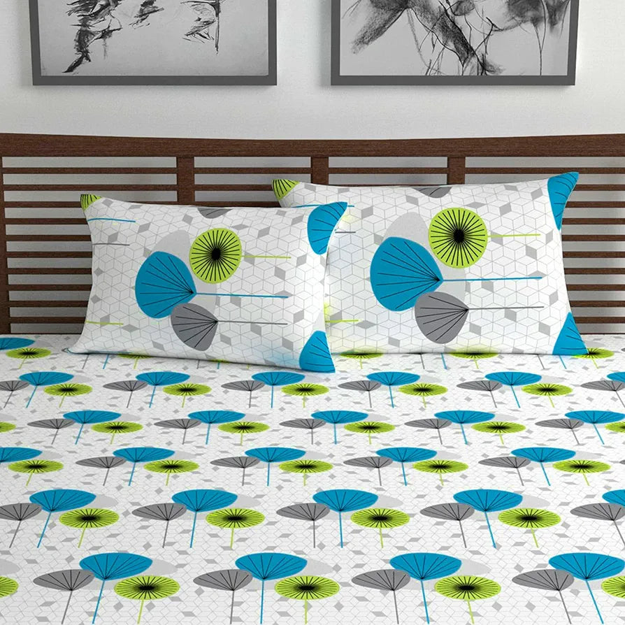 Divine Casa 144 TC 100% Cotton Bedsheet for Double Bed with 2 Pillow CoverColour Green & Blue