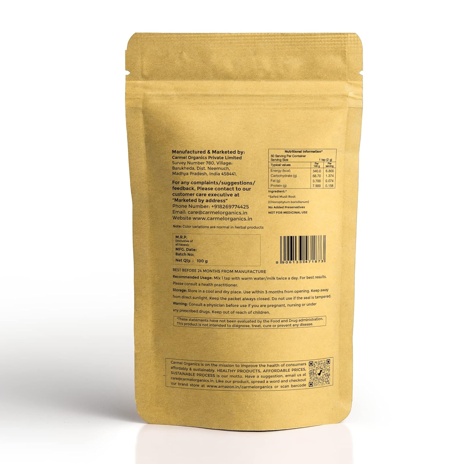 Carmel Organics Safed Musli Root Powder - 100 Grams