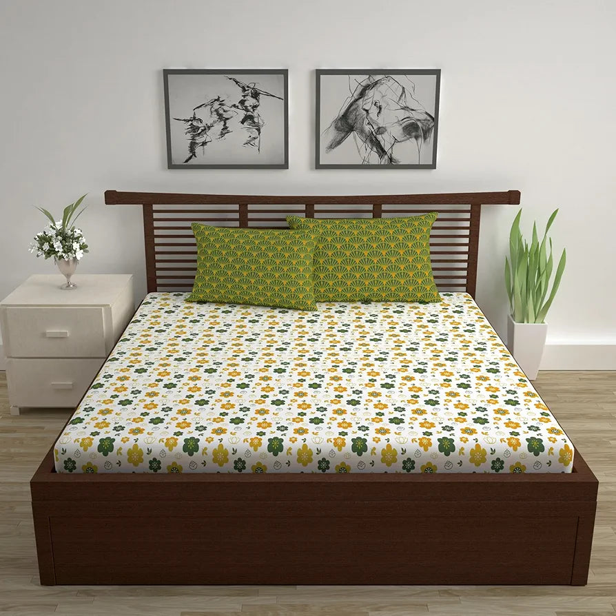 Divine Casa Double Size Bedsheet for Double Bed 144 TC Pure Cotton Queen Size with 2 Pillow Covers Floral Colour Mustard Green