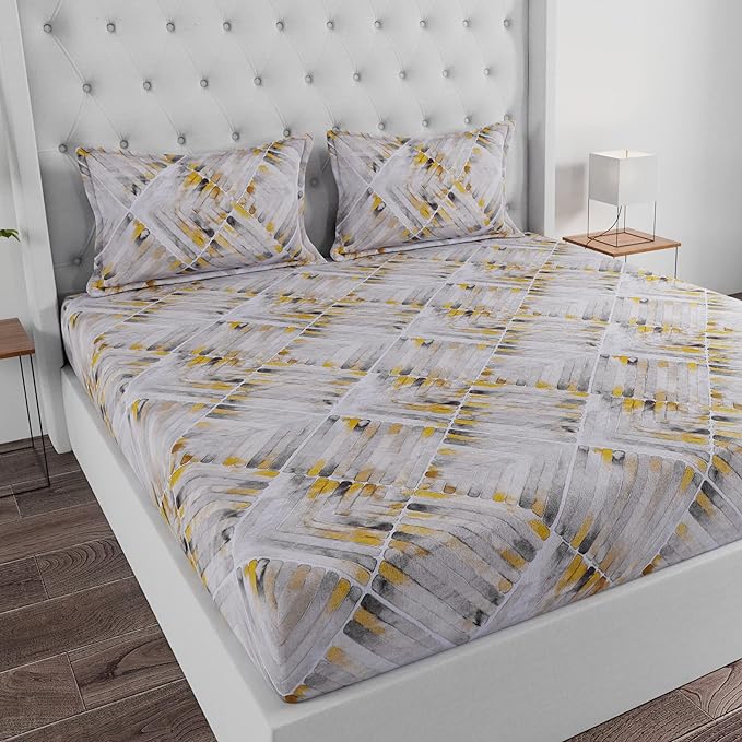 Huesland by Ahmedabad Cotton 144 Tc Cotton King Size Bedsheet With 2 Pillow Covers - Grey, Yellow & White