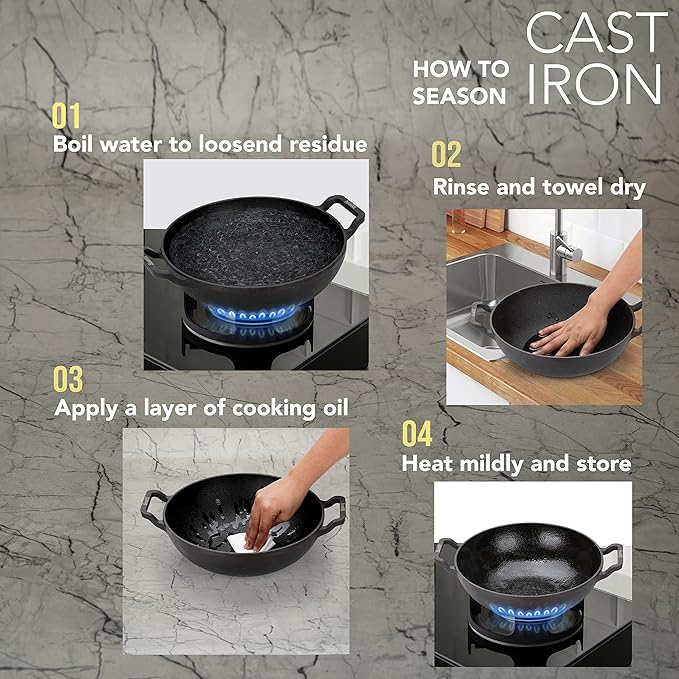 Sumeet Pre Seasoned Heavy Weight Cast Iron Deep Kadai, Induction Friendly 27cm 3150ml 2.770Kg, Black