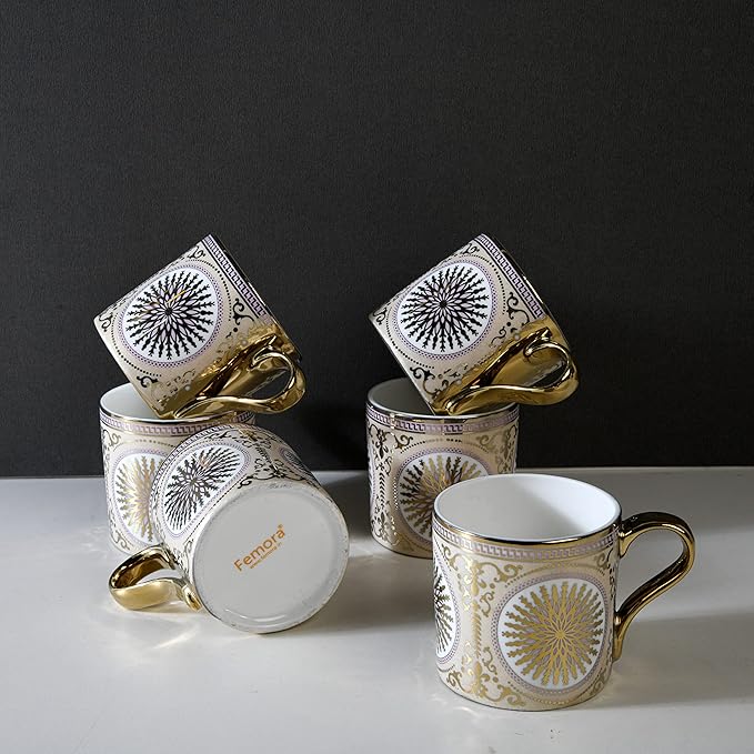 Femora Mandala Pattern With Golden Handle Golden Coffee Mugs | 130 Ml | 6 Pieces Set | Not Microwave Safe