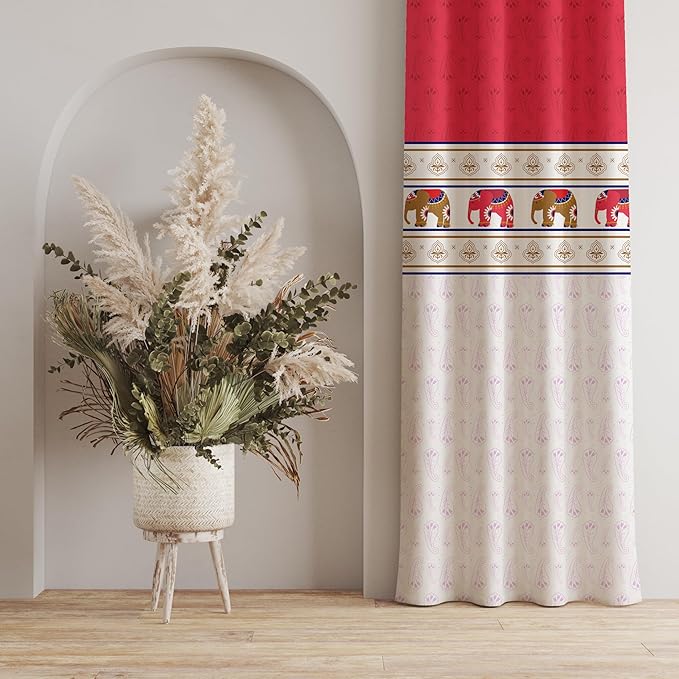 Urban Space Cotton Printed Semi Sheer Curtains For Door Set Of 2 With Eyelets And Tieback (Colour Panel Elephants Red)