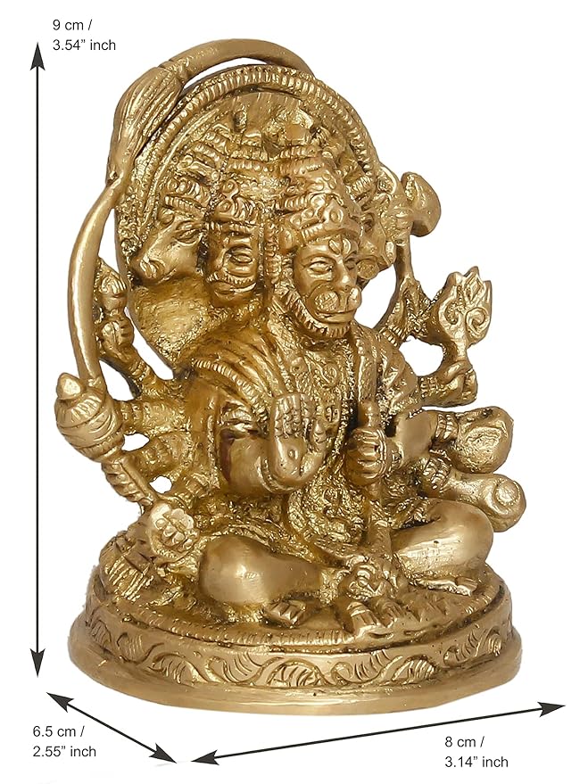 Ecraftindia Golden Brass Handcrafted Sitting Panchmukhi Hanuman Statue | Bajrangbali Religious Idol Murti