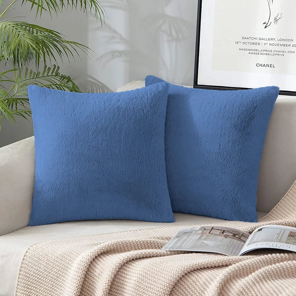 Luxe Home Cushion Cover One Side Rabbit Fur Plain Design Covers Set of 2 Colour Blue