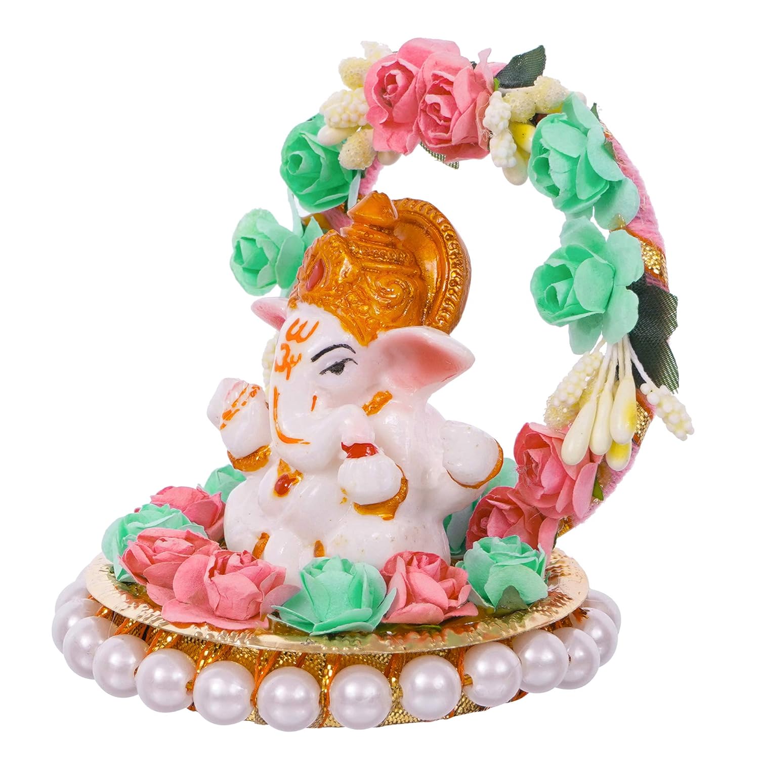 Ecraftindia Lord Ganesha Idol on Decorative Handcrafted Plate With Throne of Pink and Green Flowers