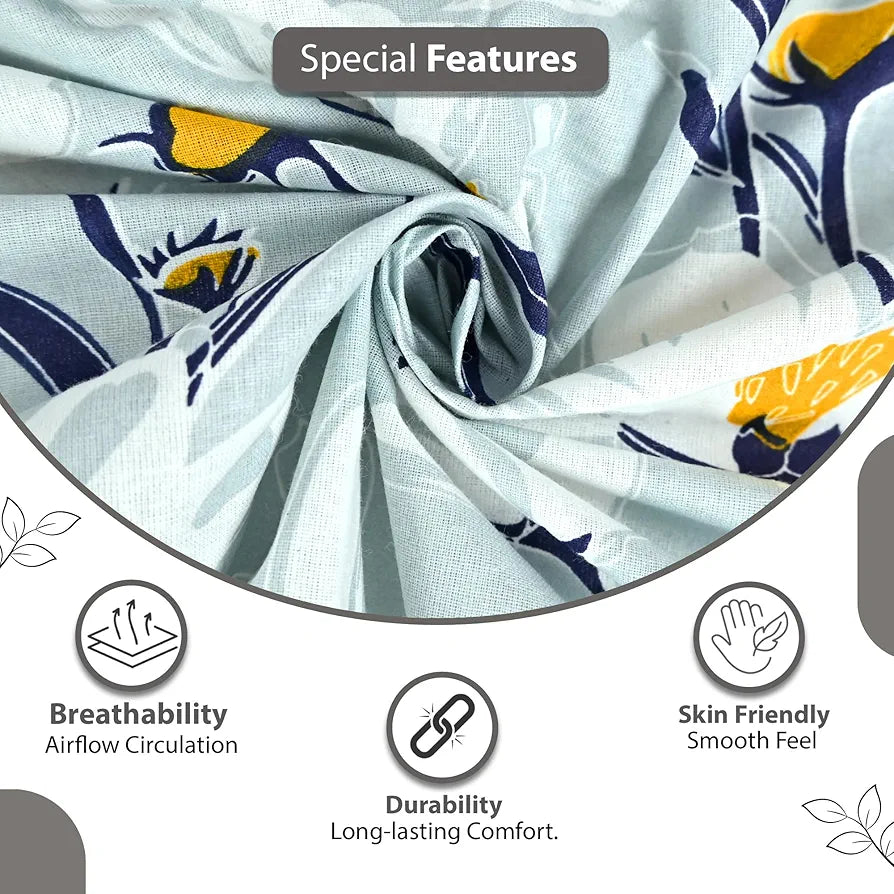 Divine Casa 100% Cotton Bedsheet for Single Bed, 144 TC Bedsheet Single Size Bed Cotton with 1 Pillow Cover Colour Aqua Bloom