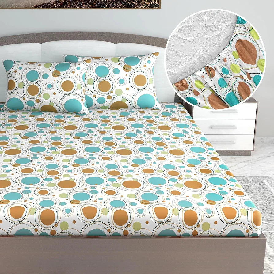 Divine Casa 144 TC Pure Cotton King Size Fitted Bedsheet Polka Dot Pattern Elastic Fitted Bedsheet White Skin Colour Biscuit Baltic Sea