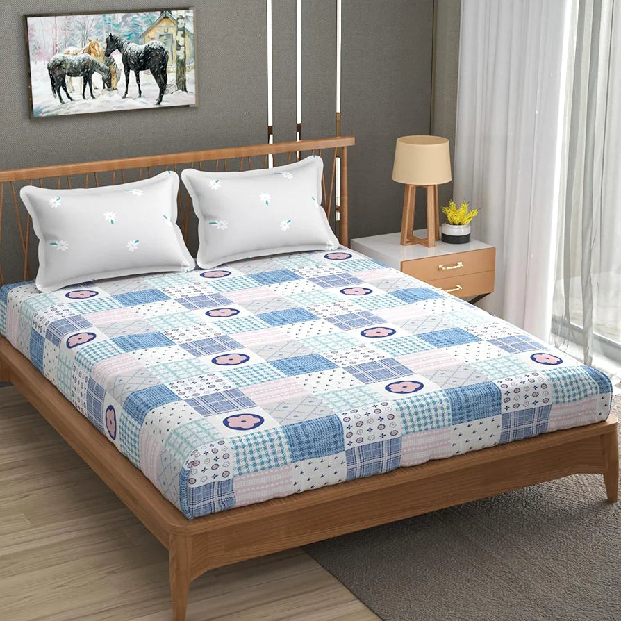 Fresh From Loom Microfiber Cotton Bedsheet for Double Bed with 2 Pillow Cover 240 TC King Size Soft Bed Sheet Patch Multi