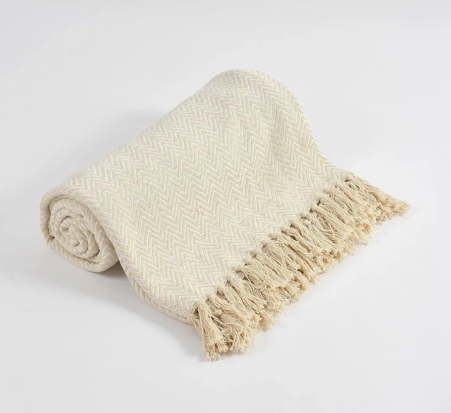 Sashaa World Chevron Cotton Sofa Throw with Tassels Colour Beige and Natural
