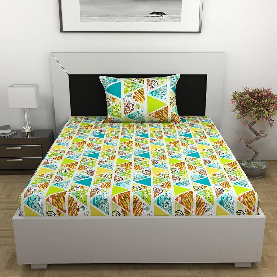 Divine Casa 100% Cotton Bedsheet for Single Bed, 144 TC Bedsheet Single Size Bed Cotton with 1 Pillow Cover Colour Aqua & Mustard