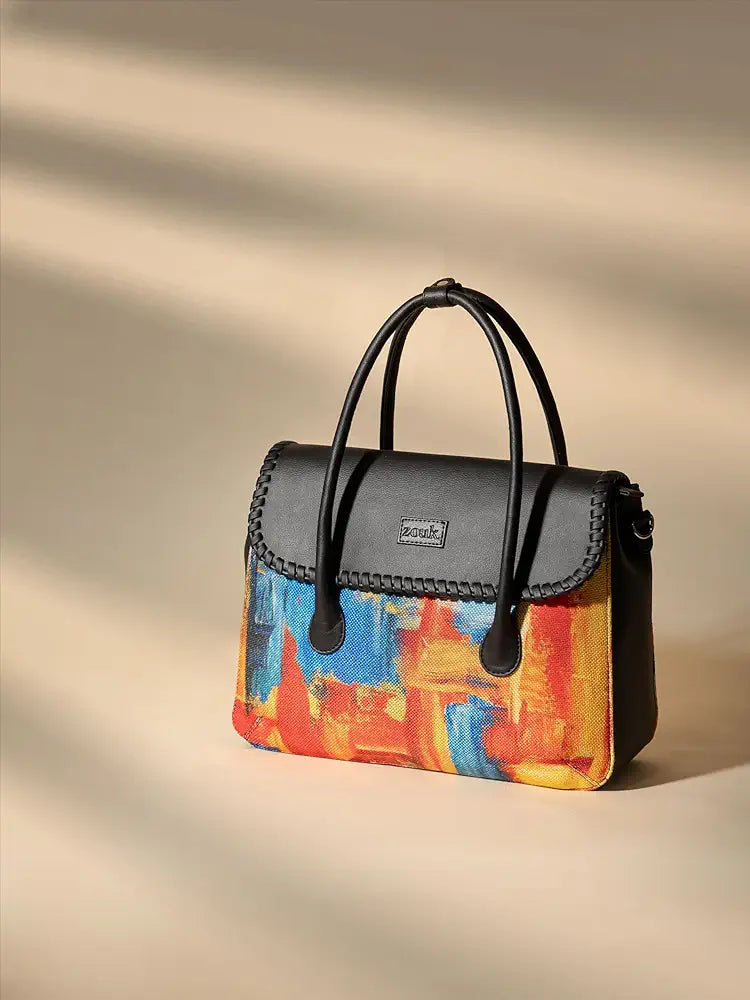 Zouk Printed Jute Handcrafted Vegan Leather & Jute Multicolor Women's Satchel Bag