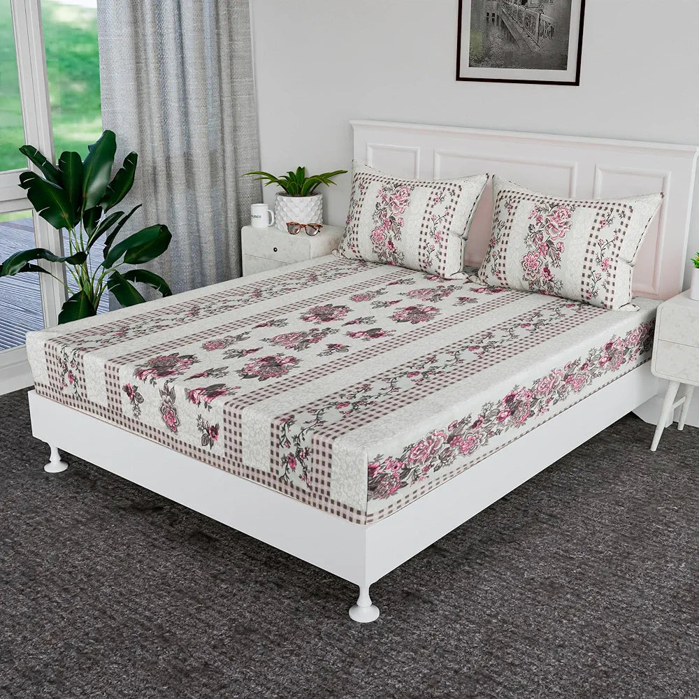 Kuber Industries Cotton Bedsheets for Double Bed with 2 Pillow Covers Spain Flower Lining Green