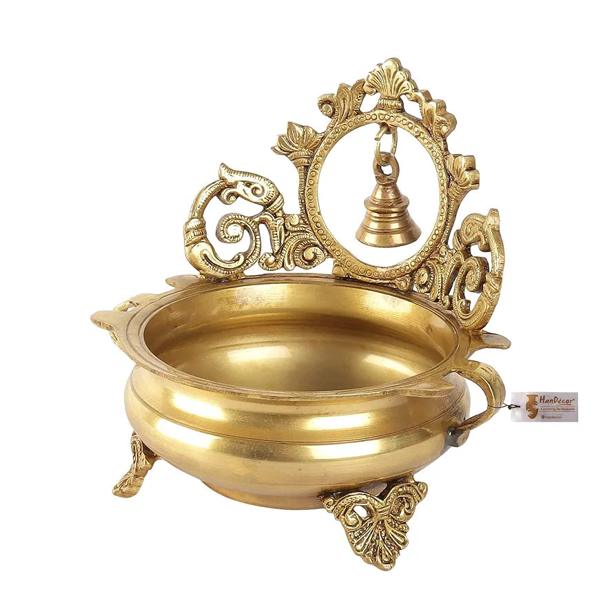 Two Moustaches Ethnic Indian Carved 7 Inches Brass Decor Urli Bowl with Bell