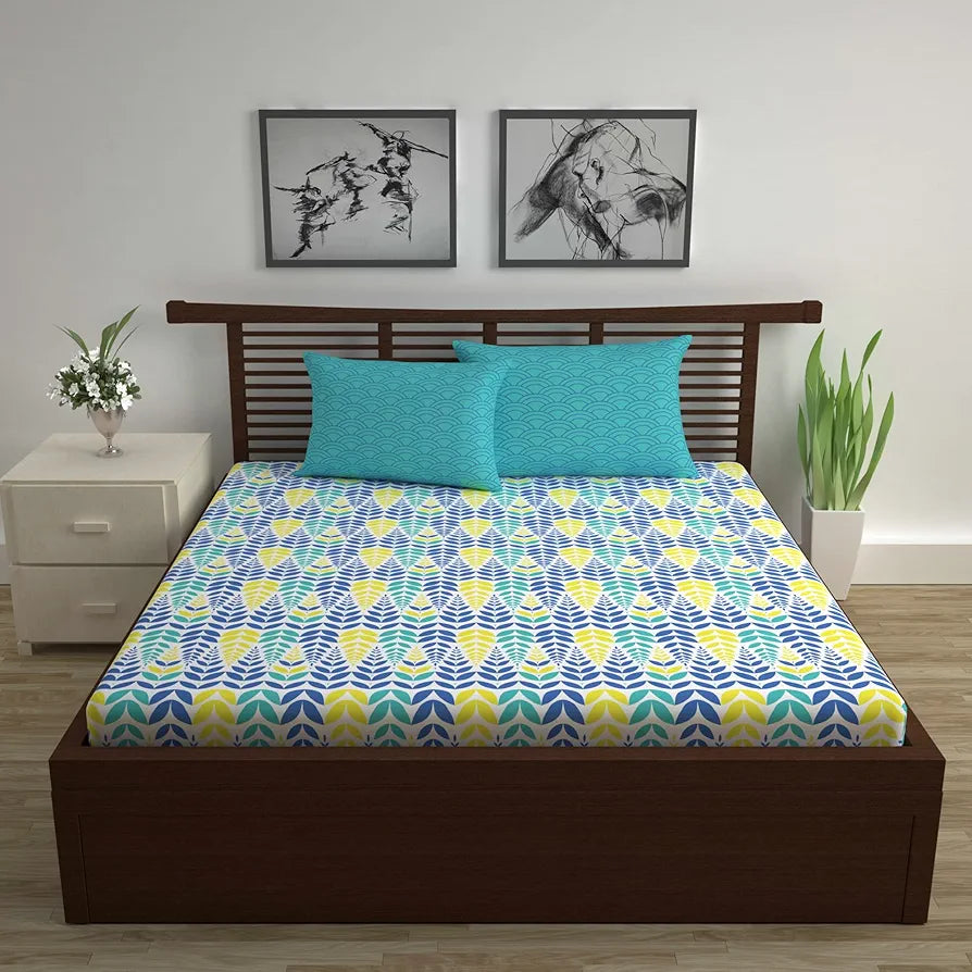 Divine Casa 144 TC Super Soft Cotton Bedsheet for Double Bed  144 Thread Count - Floral Colour Blue & Yellow