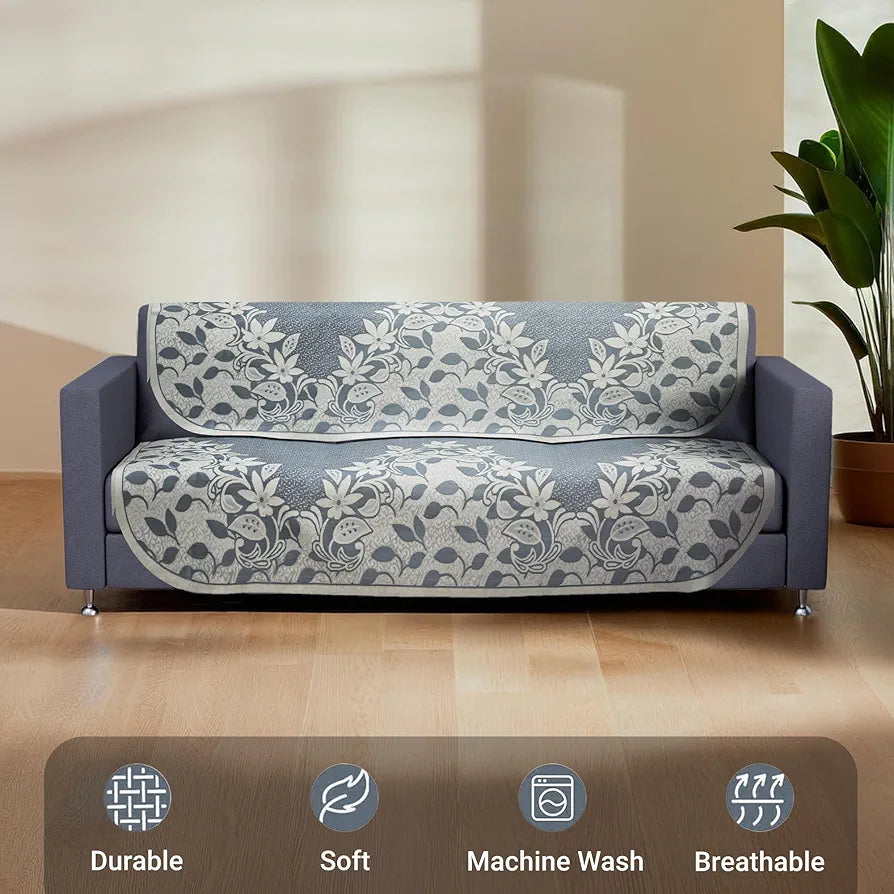 Kuber Industries 3 Seater Long Sheet Cotton Sofa Covers for Living Room Floral Design Blue