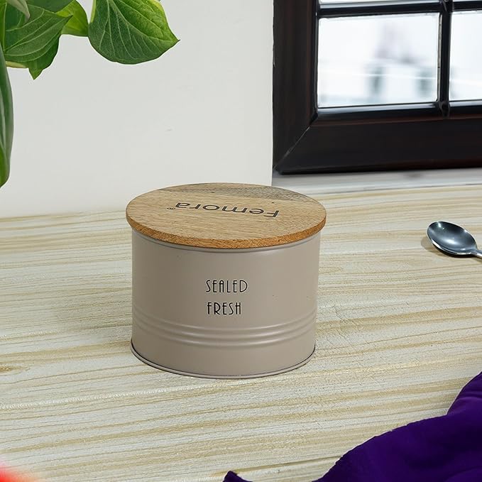 Femora Kitchen Storage Jars Tin Jar With Wooden Lid Air Tight Jar | 300 Ml | Set of 1