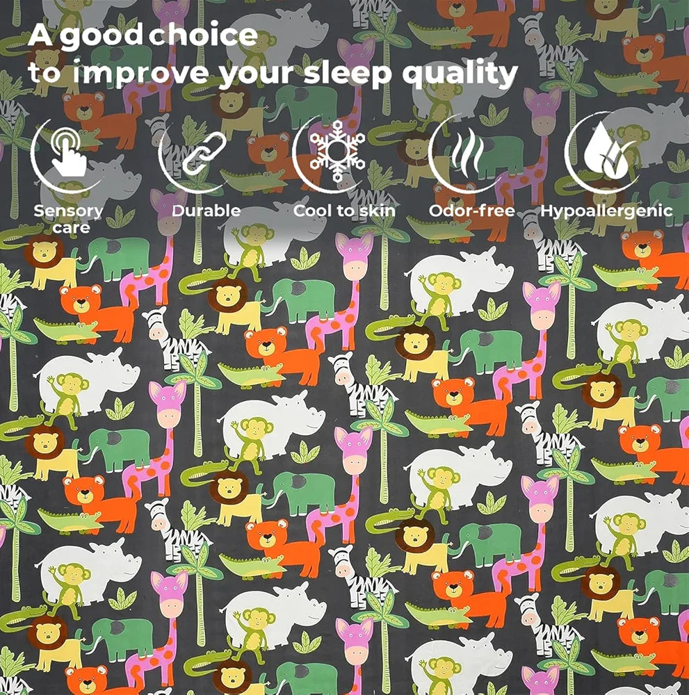 Fresh From Loom Glace Cotton Elastic Fitted Bed Sheet with 1 Pillow Cover Cartoon Printed Bedsheet Black Animal 300 TC Multicolor