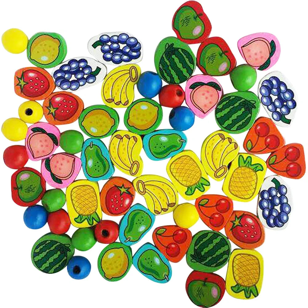 Trinkets & More Wood - 56 Piece Fruit Bead Game Lacing Toy Stringing Beading Game Early Educational Toys Kids 3+ Years, Multi-coloured