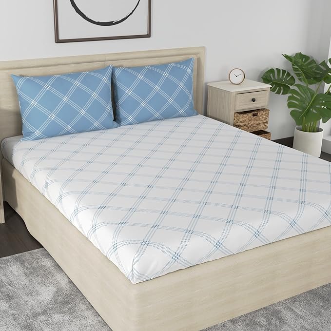 Huesland by Ahmedabad Cotton 186 TC King Size Bedsheet Cotton with 2 Pillow Covers | White & Blue