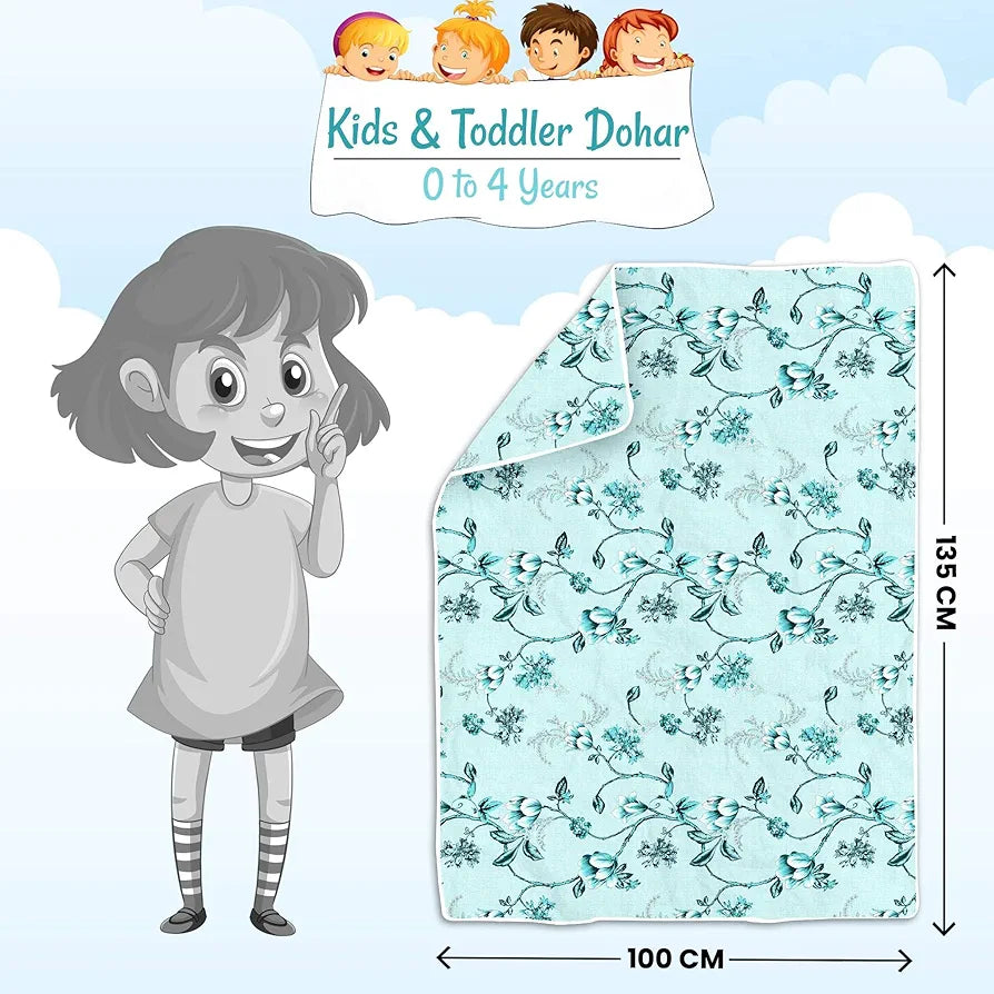 Divine Casa Floret 100% Cotton Single Kids Dohar 120 GSM Soft & Lightweight Throw Blanket Colour Winter Fern