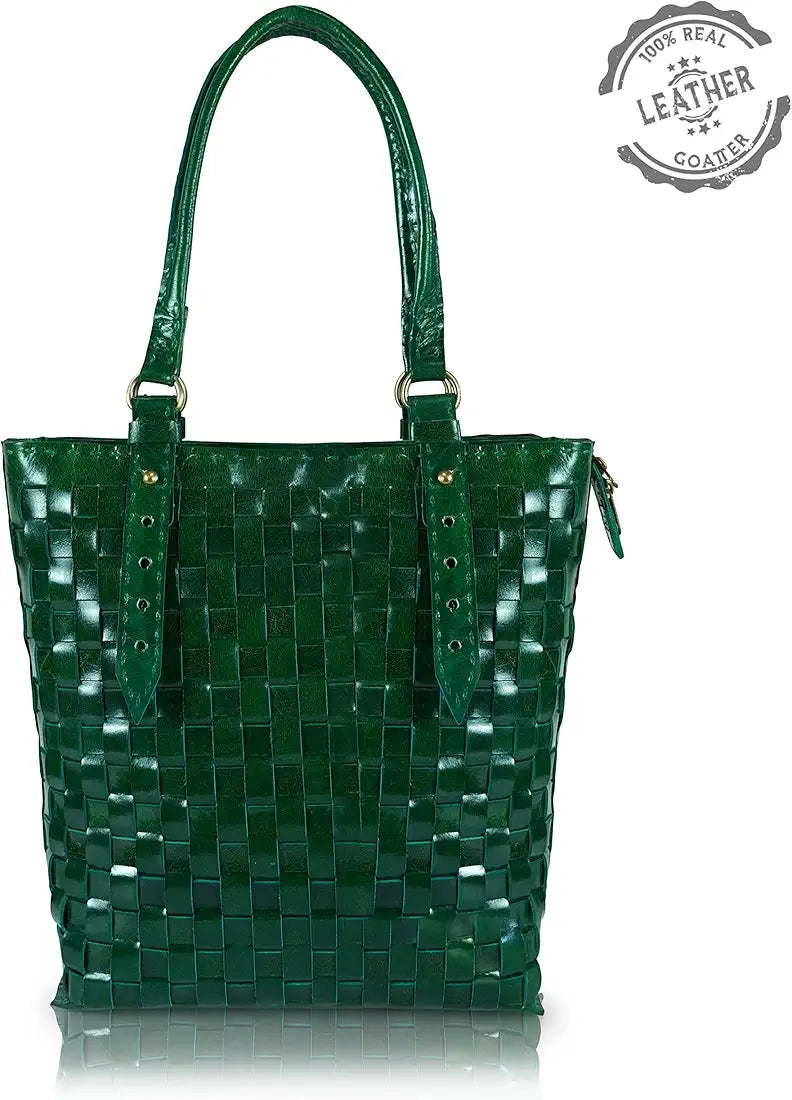 Goatter Genuine Leather Handmade Women's Tote Bag,Green Color