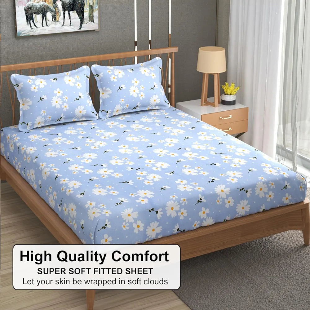 Fresh From Loom Soft Microfiber Floral Print King Size Fitted Bedsheet 240 TC 2 Pillow Covers Casper Blue
