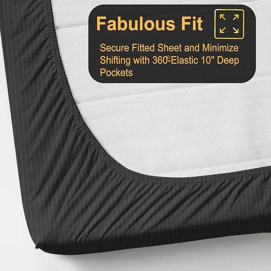 Fresh From Loom 240 TC Satin Striped Soft Fitted Bedsheet King Size Bed with Two Pillow Cover Grey