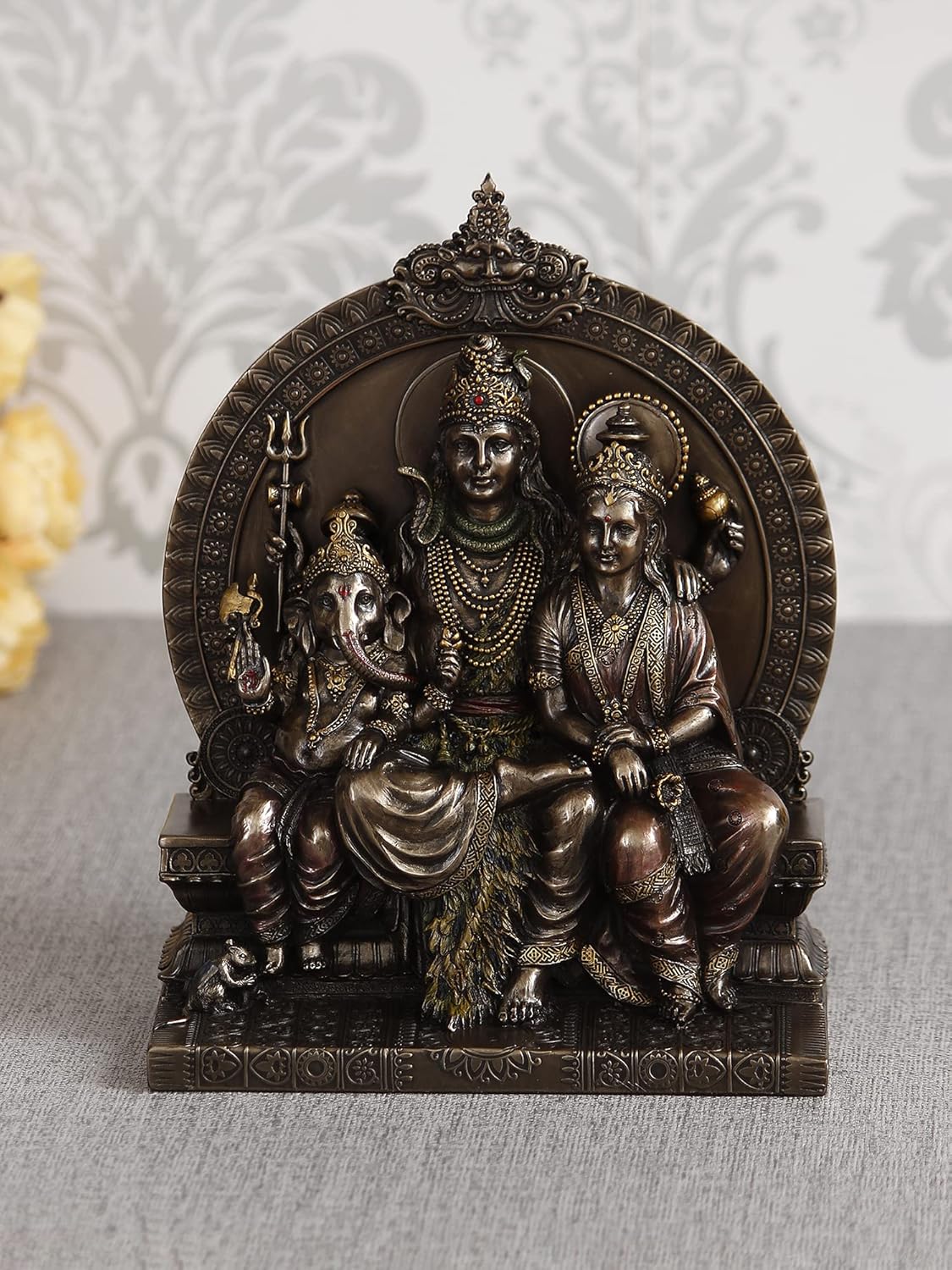 Ecraftindia Bronze Polyresin Shiv Parivar Statue Sitting on Singhasan Decorative Showpiece