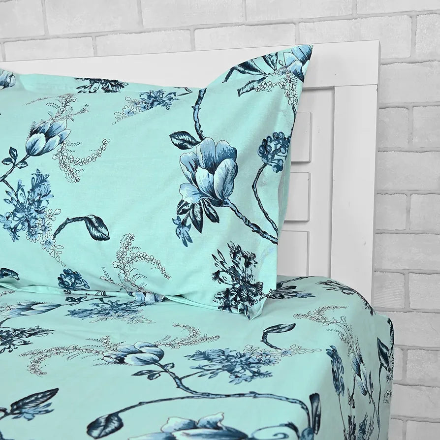 Divine Casa Bedsheet for Single Size Bed 144 TC Cotton Bedsheet for Single Size Bed with 1 Pillow Cover  Floral Colour Frost Blue