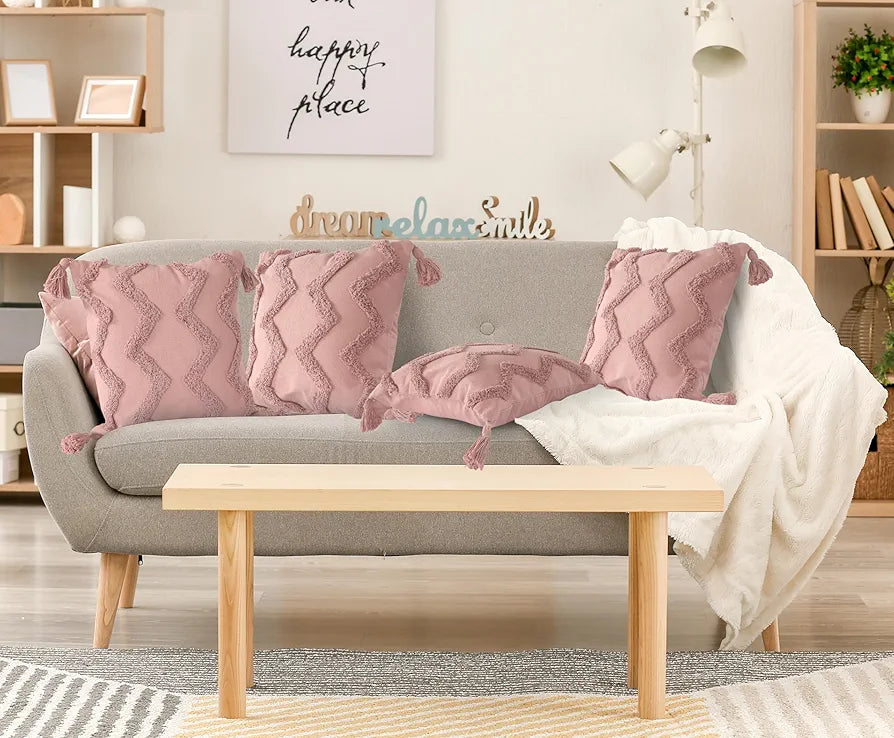 Sashaa World Salmon Pink Chevron Tufted Cushion Cover With Tassels